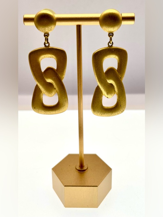 Vintage Gold Tone Link Drop Earrings Matte Brushed Modernist Statement Pierced - Picture 3 of 7